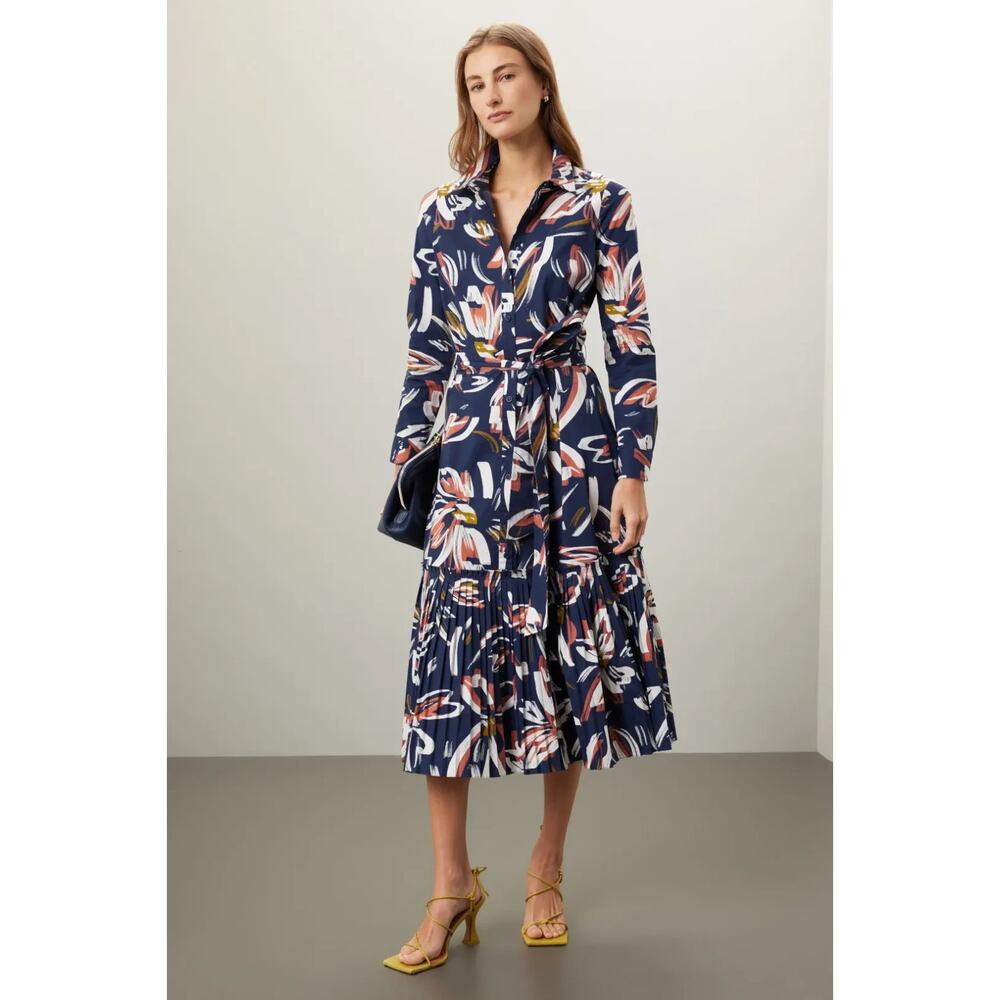 Shoshanna Tori Floral Print Midi Dress Collard Cotton Pleated, Size 2 Ret. $595